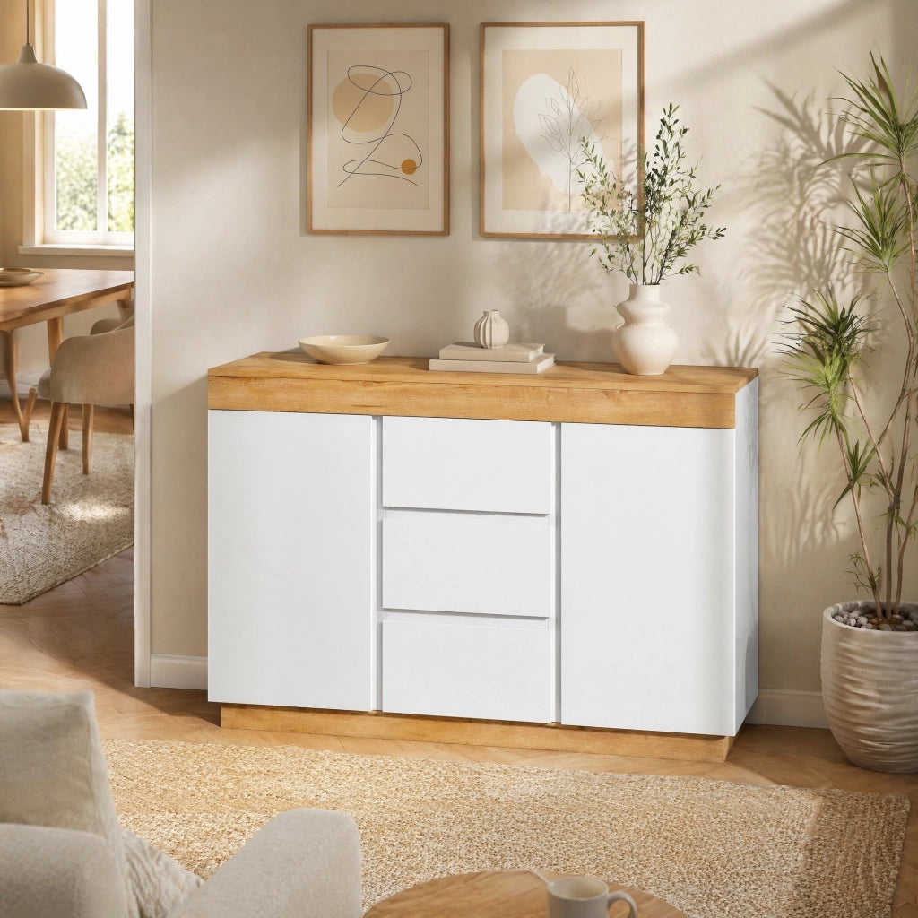 Cassettiera con 3 cassetti e 2 ante, mobile contenitore in truciolare E1, bianco e effetto rovere