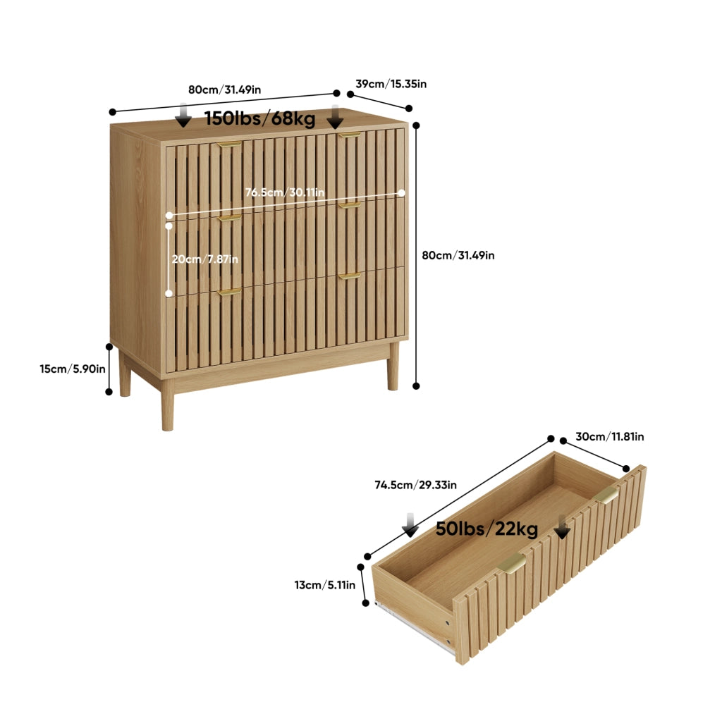 Cassettiera 80x39x80 cm con 3 cassetti; struttura stabile in MDF; colore del legno