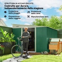 Casetta da Giardino con Porta Scorrevole, in Acciaio, 345x280.5x169-201cm, Verde