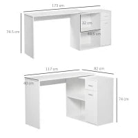 Scrivania Angolare con Libreria Scaffale in Legno Bianco, Tavolo da Pranzo con Rotazione a 360°, 173x39.8x74 cm