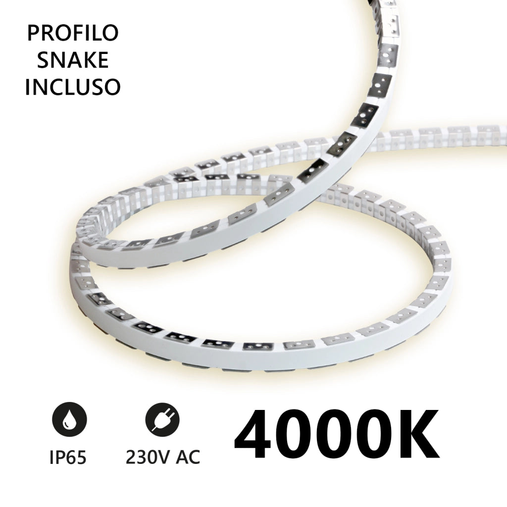 Alcapower Striscia LED Snake Flex 20m 230V 12W/m 4000K IP65 Luce Naturale Professionale in Silicone per Installazioni da Esterno ed Interno