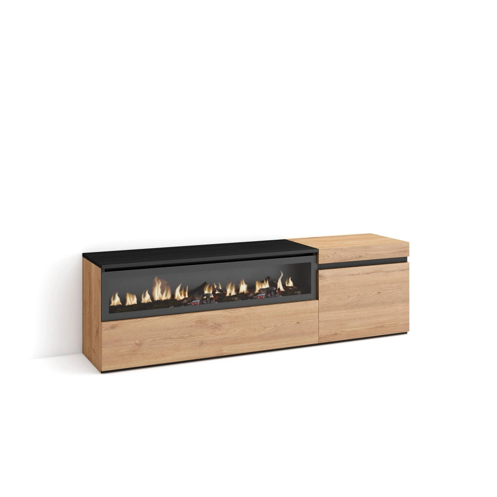 Mobile TV Soggiorno, 150x35x45cm, Per TV fino a 65", Camino elettrico, colore Rovere e nero RF2430