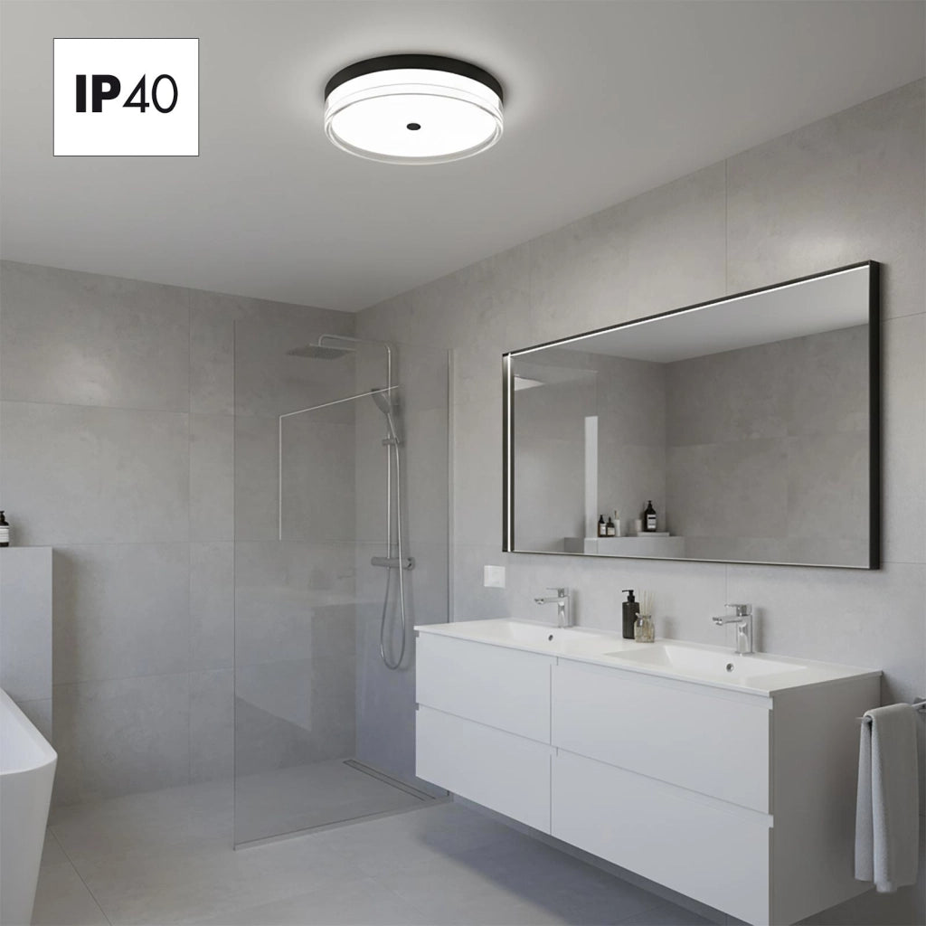 Plafoniera Tonda LED 32W CCT 3 Temperature IP40 Lampada Nera Circolare Moderna Luce Soffitto Parete Bagno Ufficio 40cm