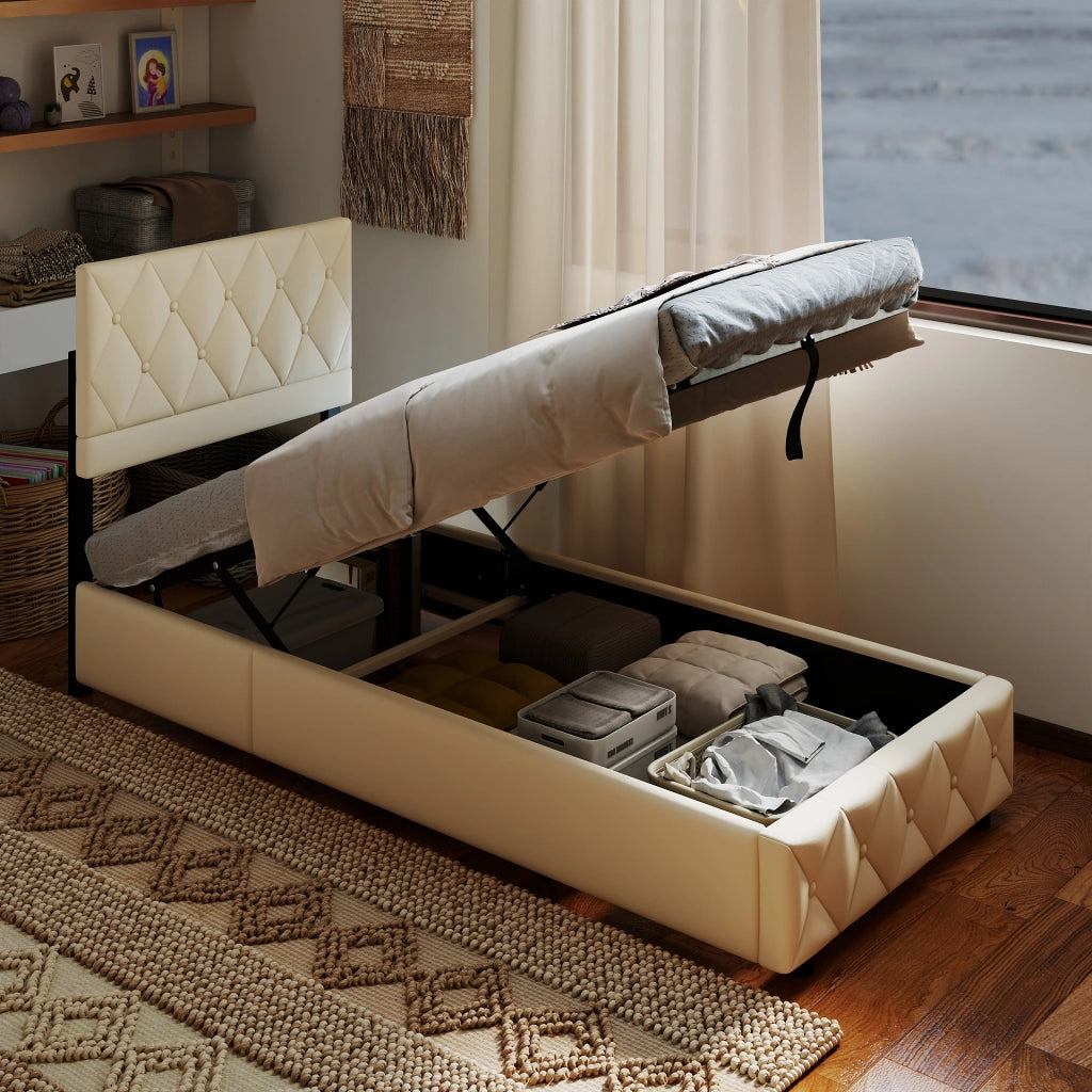 Letto imbottito singolo 90 × 190 cm con rete a doghe in velluto beige, struttura stabile e montaggio facile
