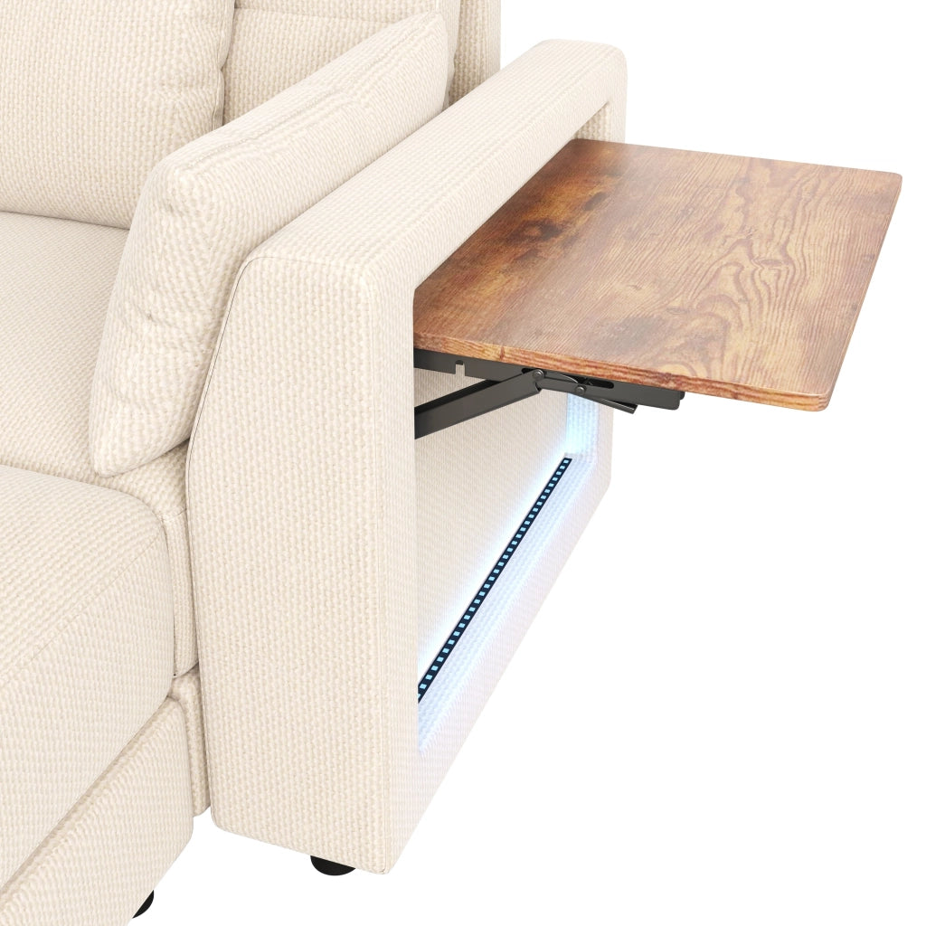 Divano angolare modulare a U e L con luci LED tavolino ribaltabile e tessuto chenille beige 292 × 135 × 82 cm