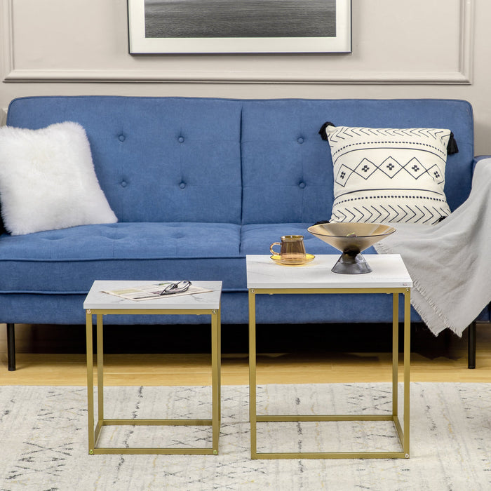 Set 2 Tavolini Impilabili con Piano Quadrato in Acciaio e Truciolato Bianco e Oro