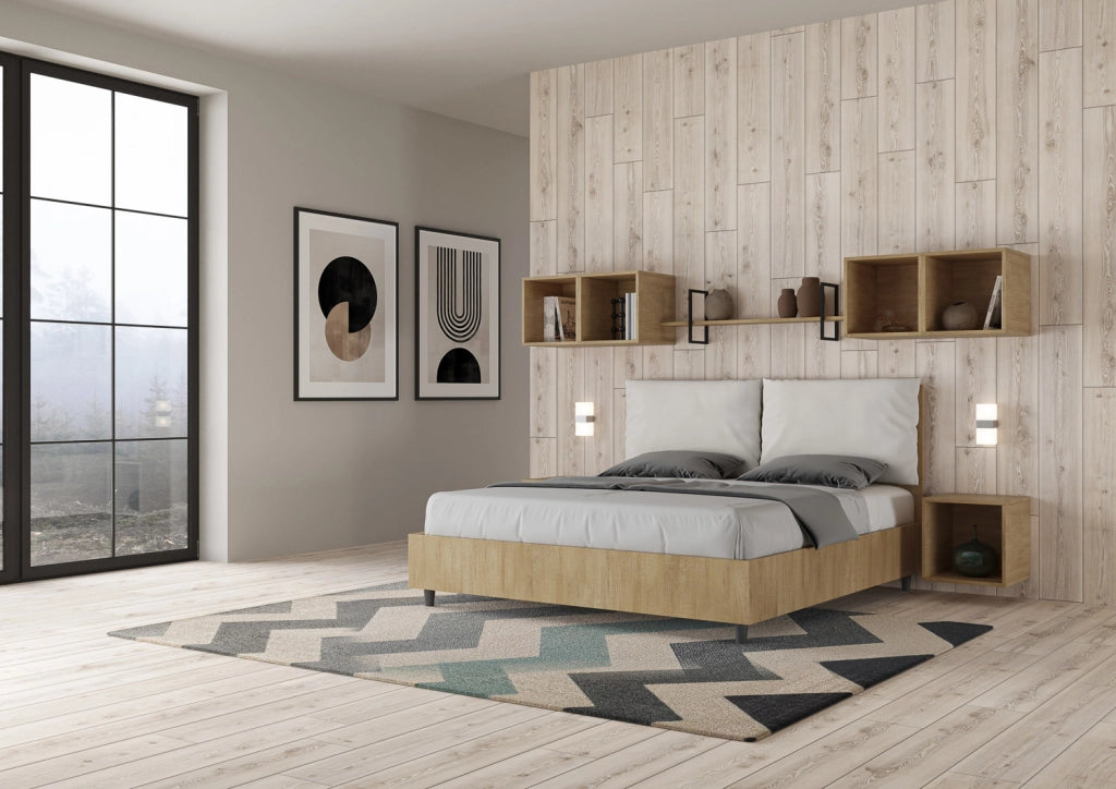 Letto Matrimoniale 160x190 cm con Rete e Contenitore Struttura Quercia con Cuscini in Similpelle Egos Antea Bianco