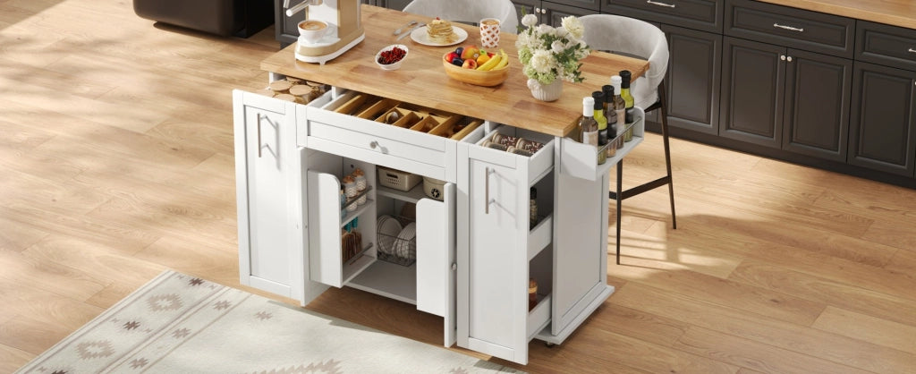 Isola cucina con piano ribaltabile 120/70x87 cm in MDF bianco e naturale