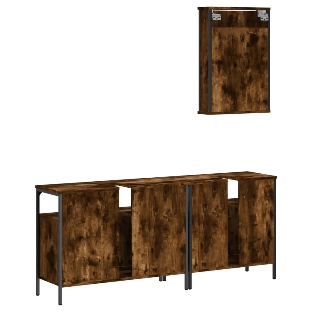 Set Mobili da Bagno | Armadio da bagno 3 pz Rovere Fumo in Legno Multistrato