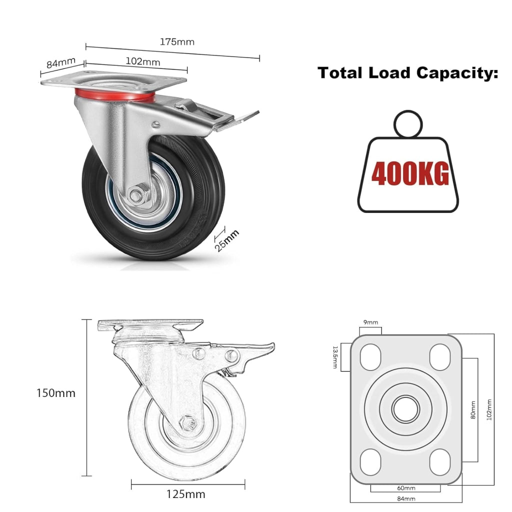 Set di 8 Ruote per Mobili Pesanti con 4 Freno, 125 mm Rotelle Girevoli, Capacità 800 kg, Carrelli Ruotabili a 360°Nessuna Rumorosità, per Pallet, Trolley, Resistenti