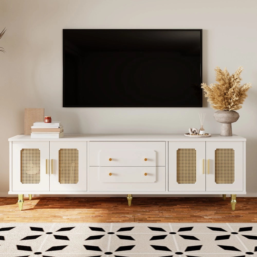 Mobile TV Stile Retr¨° con Ante in Rattan ¨C Xylo ¨C Gambe in Metallo, Maniglie Dorate