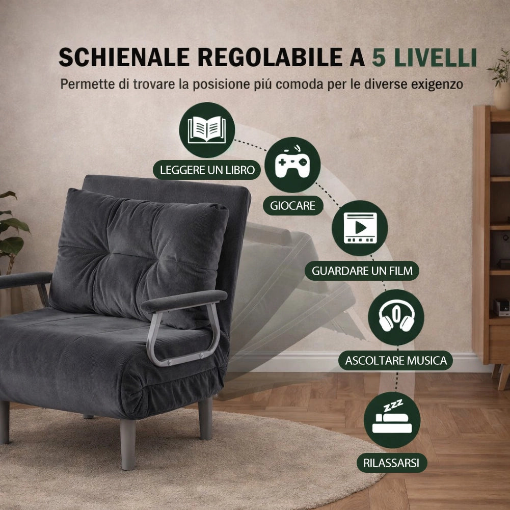 Poltrona Divano Letto Singolo Reclinabile Grigio Rivestimento in Velluto a Coste