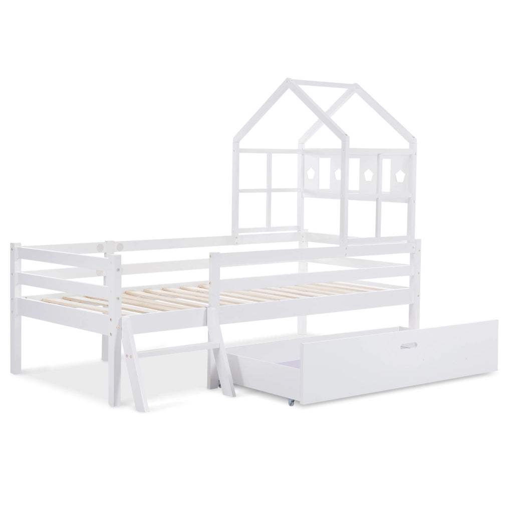 Letto a soppalco per bambini 90x200 cm in legno di pino bianco con scala e cassetto