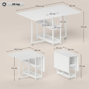 Tavolo da pranzo pieghevole con 2 vani aperti e 2 ruote con freni, per cucina, sala da pranzo e piccoli spazi, bianco