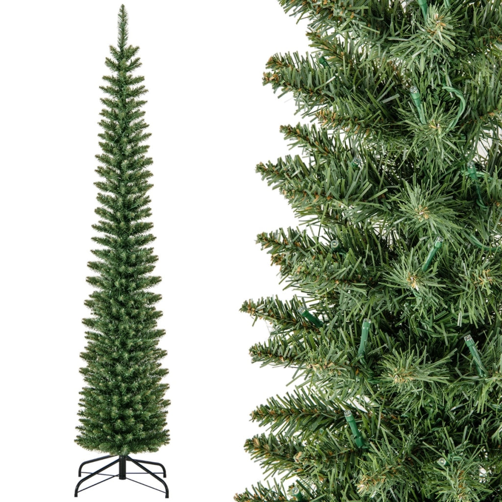 Albero di Natale artificiale da 210cm, Albero di Natale slim decorativo con luci led bianche calde per casa negozio-Alberi di Natale