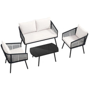 Set bistr¨° da conversazione in corda PE intrecciata con cuscini e tavolino-Set di mobili da giardino a 4 pezzi in vetro temperato Nero