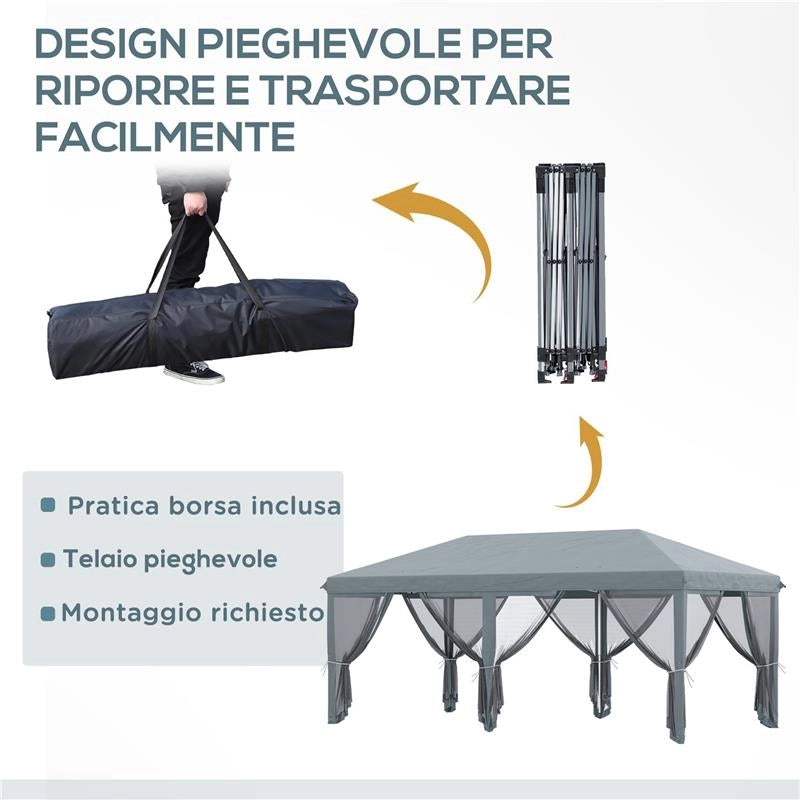 GAZEBO DA GIARDINO PIEGHEVOLE 6X3 M CON 6 ZANZARIERE E PULSANTE IN ACCIAIO E POLIESTERE GRIGIO