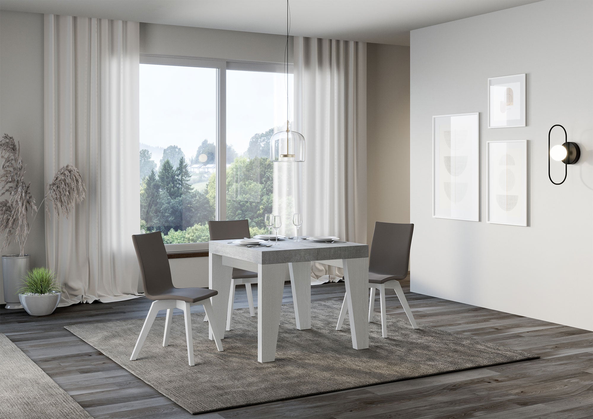 Tavolo Allungabile 90/246x90x77 cm Naxy Mix piano Cemento gambe Bianco Frassino