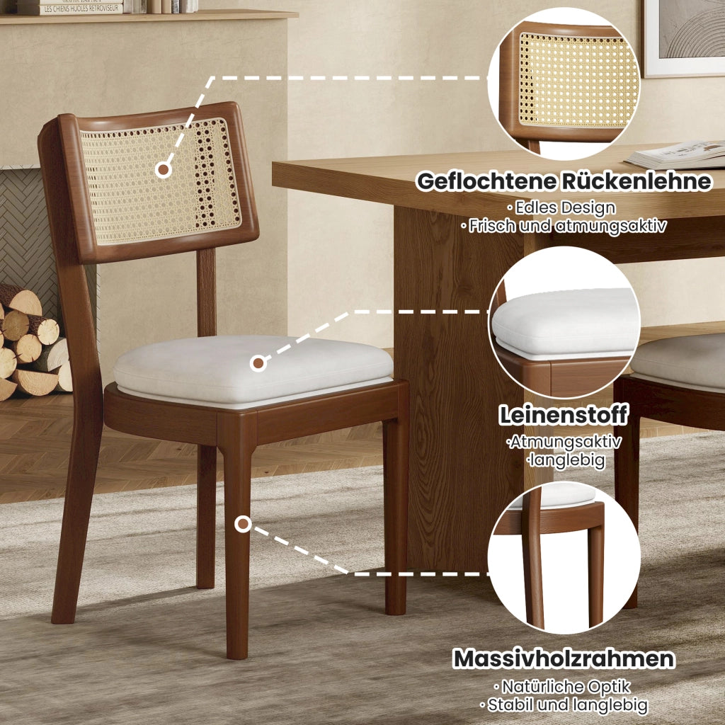 Set di 2 sedie da pranzo - con schienale in rattan e cuscino in lino - noce