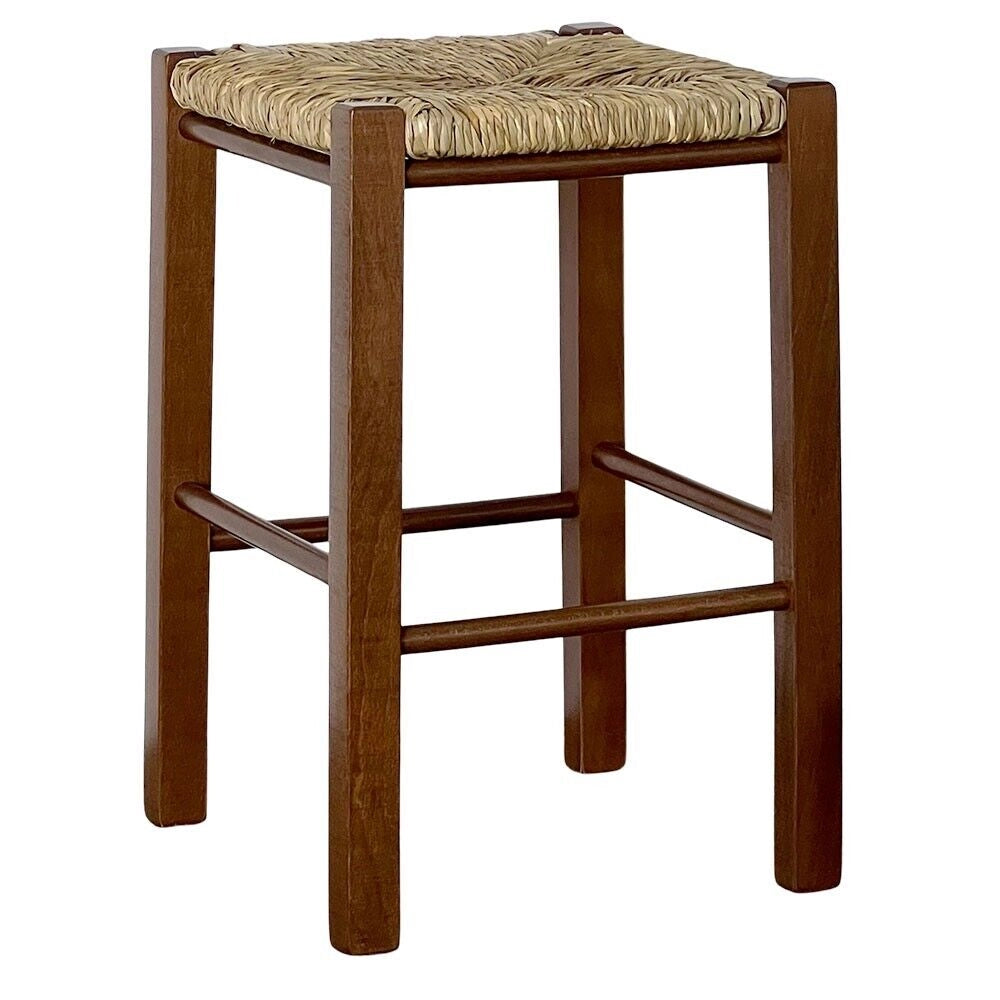 Sgabello legno seduta quadrata paglia h 47 cm noce scuro gamba dritti
