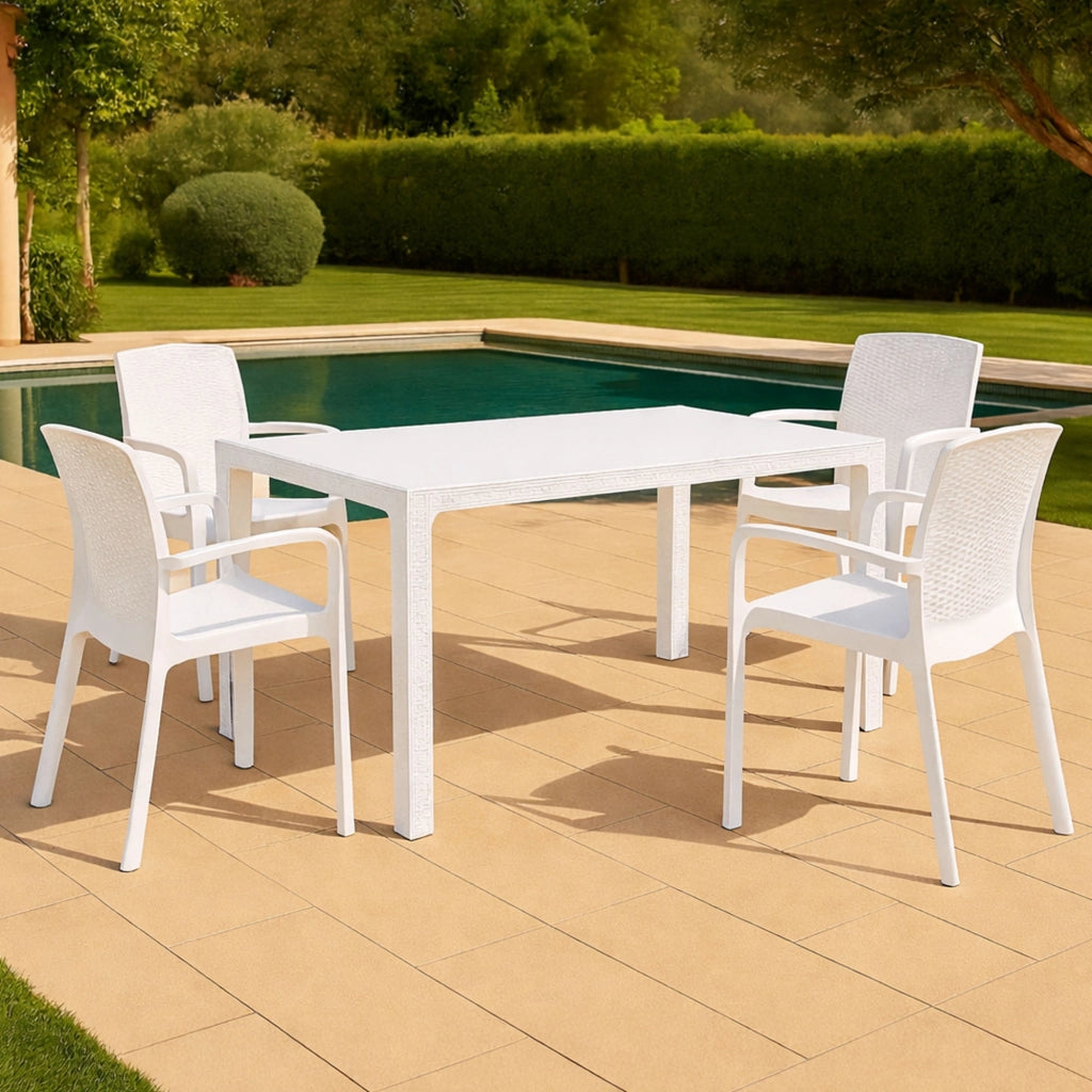 Set salotto da esterno Sover, Salottino outdoor e indoor, Tavolo rettangolare fisso con 4 sedie impilabili, Made in Italy, Bianco