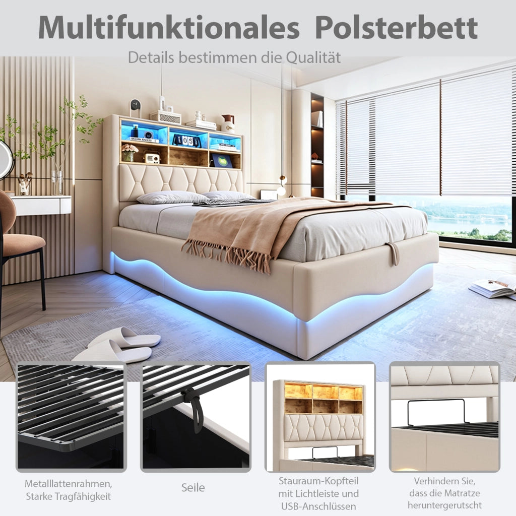 Letto matrimoniale contenitore 140x200 cm con LED tramite App; rete in metallo; USB e vano contenitore; lino beige