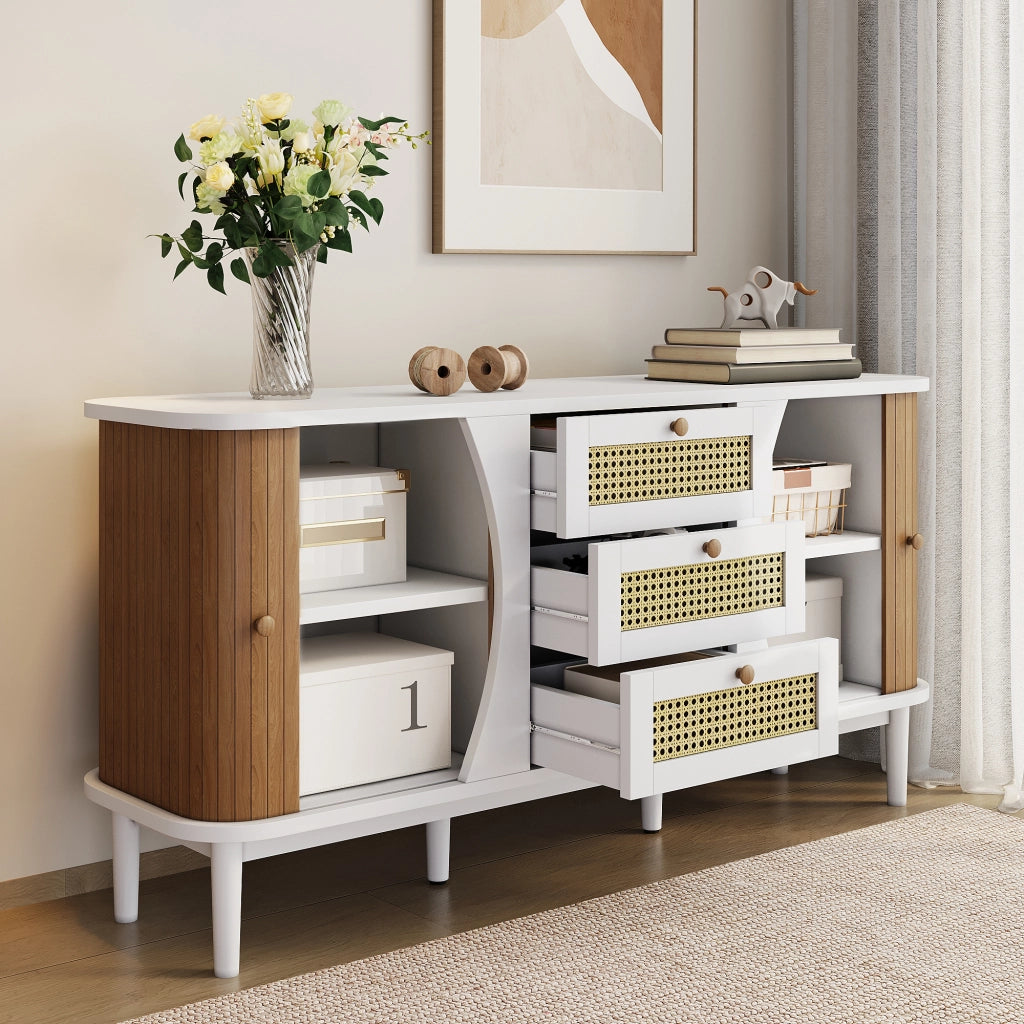 Credenza con cassetti in rattan e ripiani regolabili bordi arrotondati bianco e legno 140,5 × 40 × 76 cm