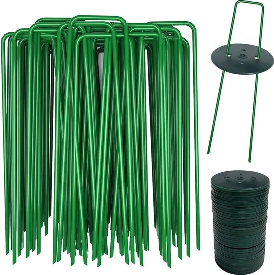 Tessere per giardino, 40 tessere in verde e 40 dischi di protezione, anticorrosione, stecchi in acciaio, tessere per giardino per erba sintetica, stecchi per tenda, telo per erbacce, telo per giardino, recinzione, 150 x 25 mm, 2,8 mm