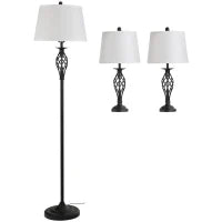 Set 3 Pezzi: 1 Lampada da Terra e 2 Lampade da Tavolo in Metallo, Design Vintage, Lampadine E27, Nero e Bianco