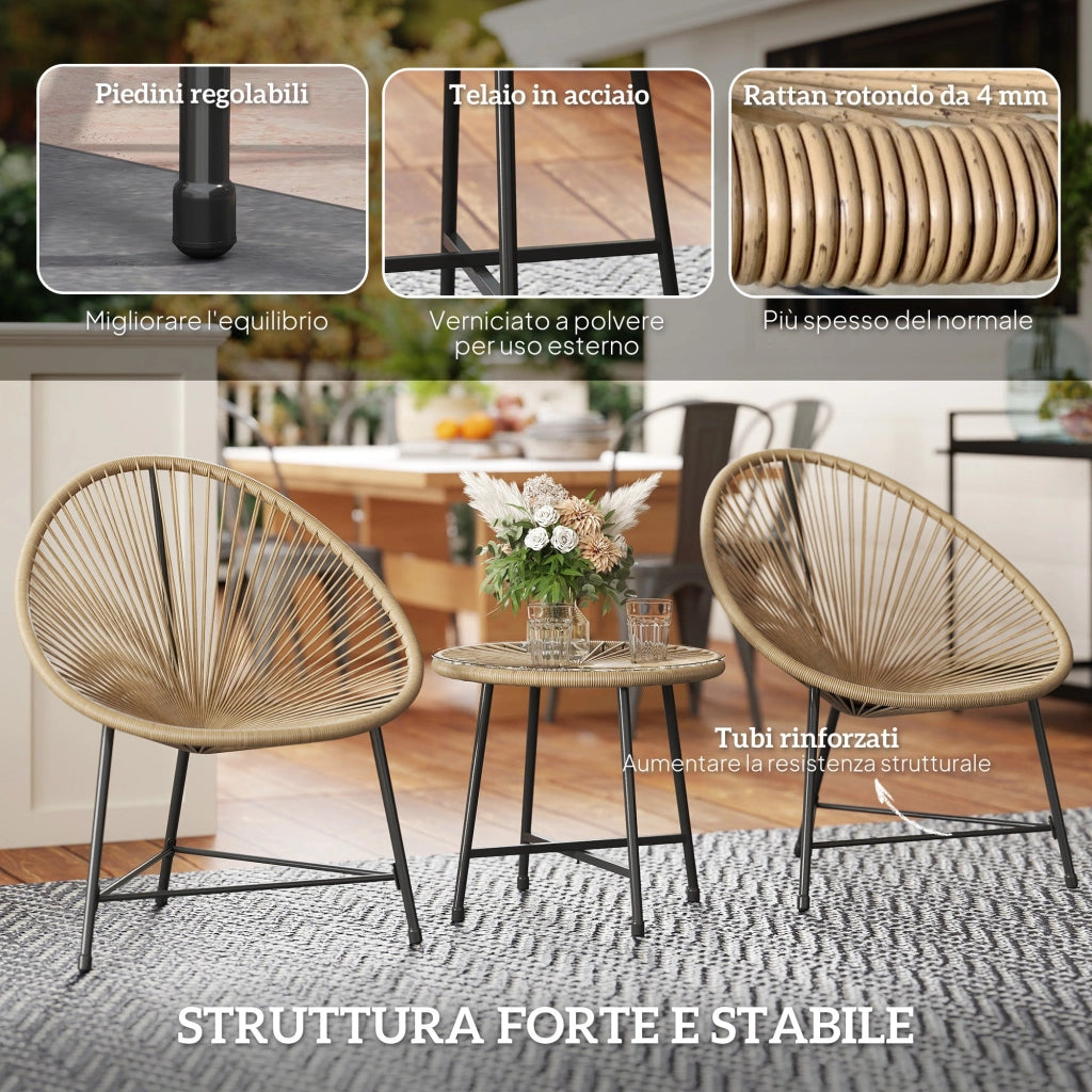 Set da Giardino 3 Pezzi con 2 Sedie con Cuscini e Tavolino da Caffè a Cilindro in Rattan PE Legno e Nero