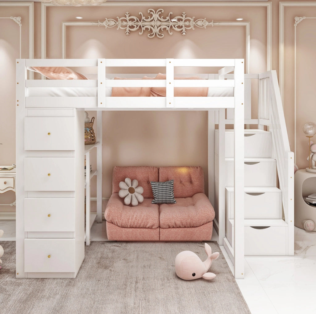 Letto a soppalco 140x200 cm bianco con scala e cassetti