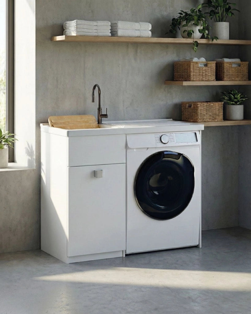 Mobile coprilavatrice Brilla Dx - Con 1 anta e lavatoio  Contenitore salvaspazio per bagno e lavanderia - Lavatrice non inclusa - Bianco - 109x93x60 cm_