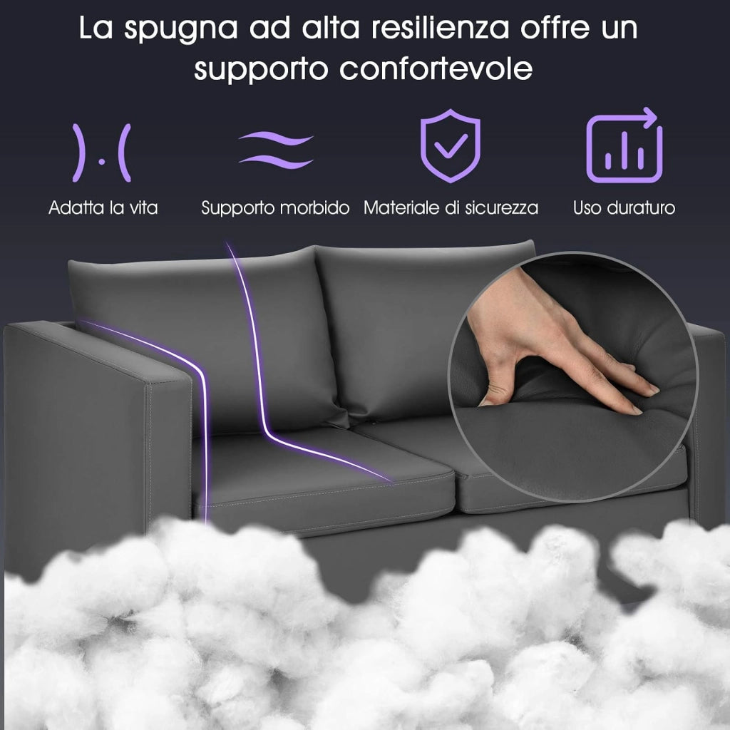Divano a 2 Posti, Divano Moderno con Cuscino Morbido, Gambe in Legno di Gomma, In Similpelle PU, Carico 240 kg, 120x60x62,5 cm
