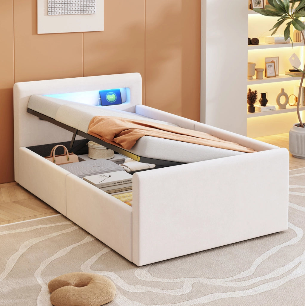 Letto imbottito per bambini 90x200 cm con LED, USB e vano