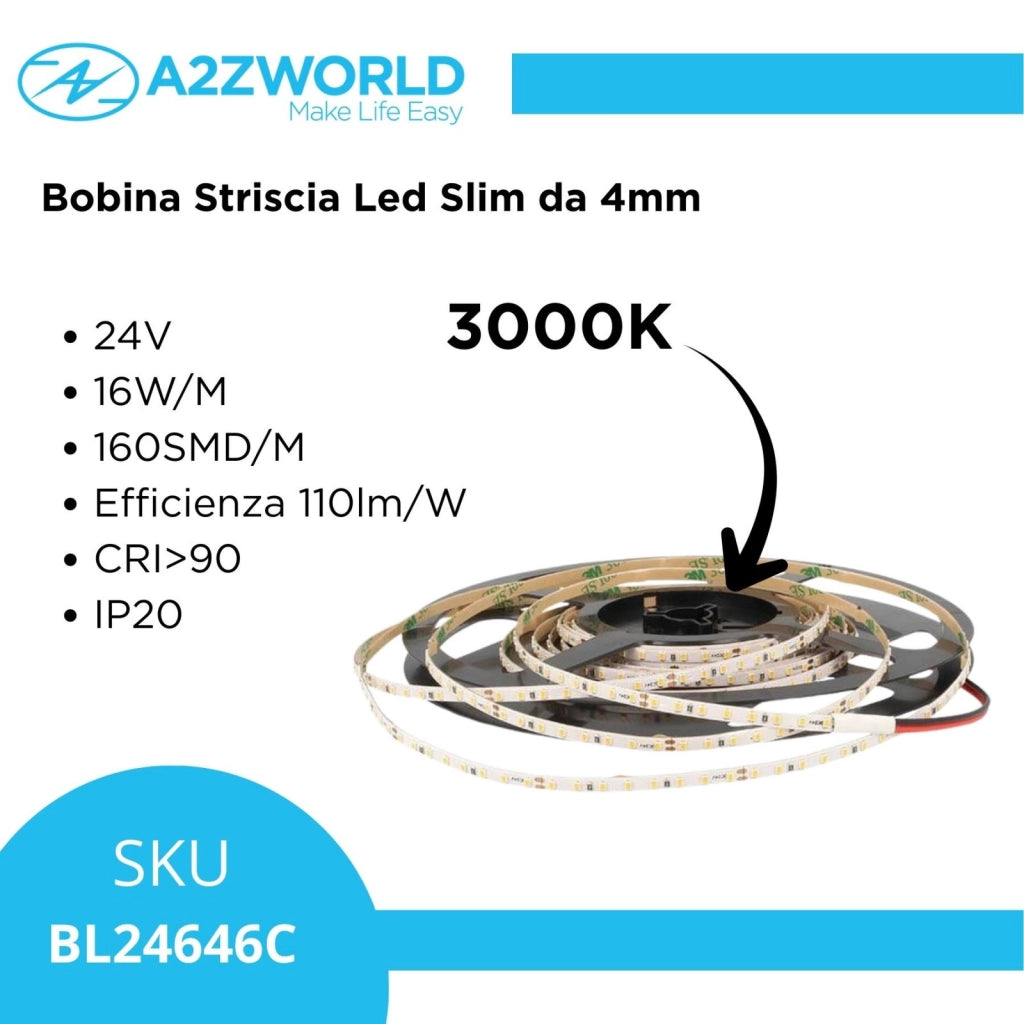 Bobina Striscia Led Slim da 4mm, 24V 16W/M 160SMD/M, Bianco Caldo 3000K, Tagliabile ogni 5cm da 8 SMD 2216, IP20, Efficienza 110lm/W, CRI>90