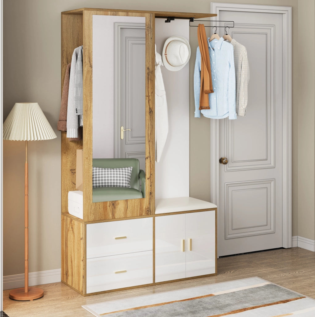 Garderoba da ingresso con specchio; panca portascarpe e appendiabiti estraibile 100x38x180 cm; bianco e naturale