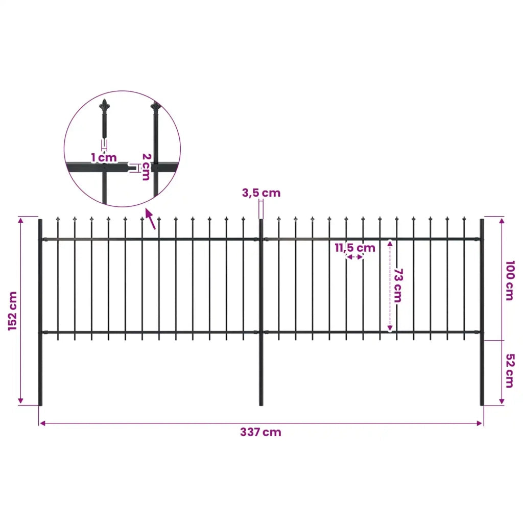 Recinzione da Giardino con Punta a Lancia in Acciaio 337x100 cm Nero 277612