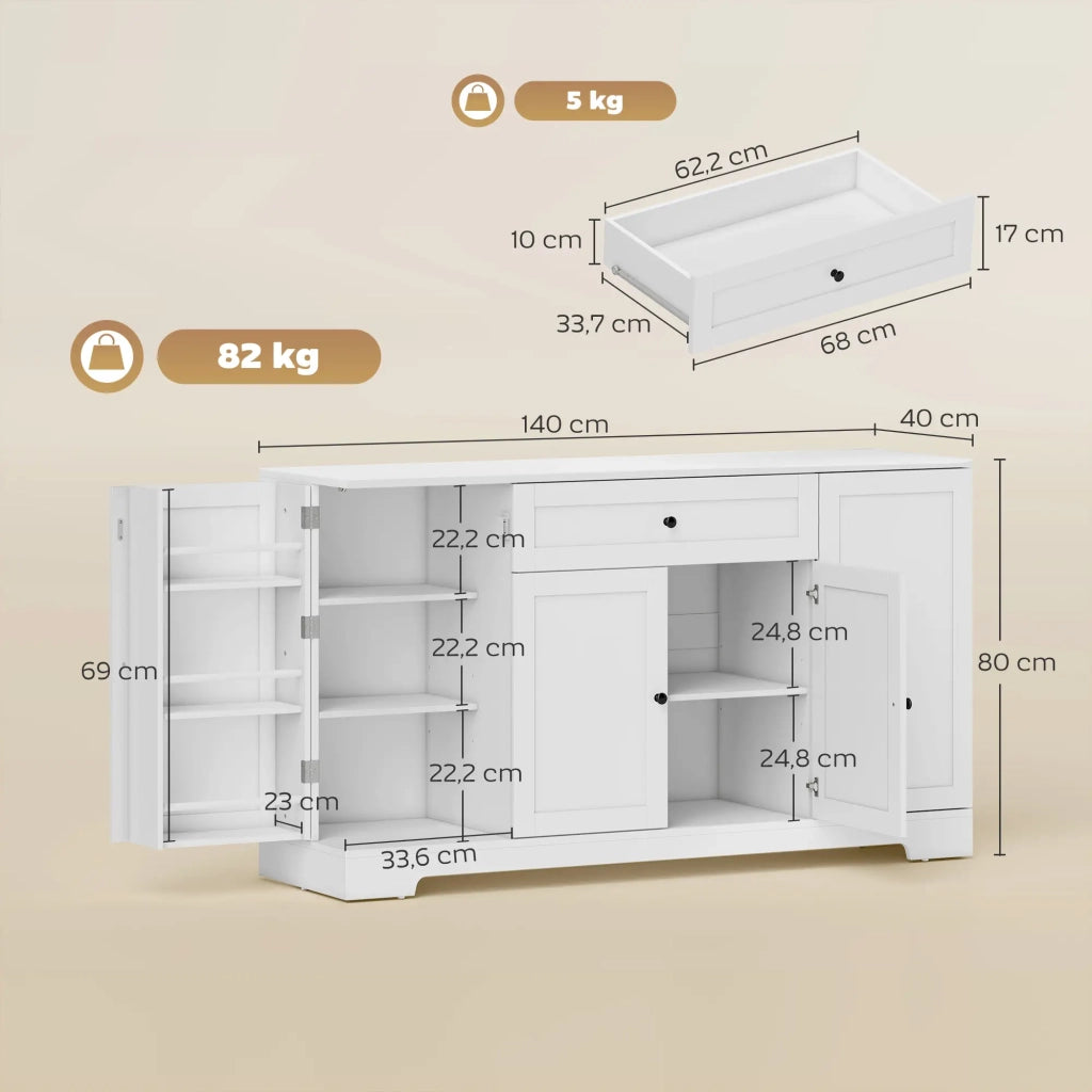 Credenza e madia con cassetto, 3 ante e ripiani regolabili, per cucina e soggiorno, in MDF, bianco, 140 × 40 × 80 cm