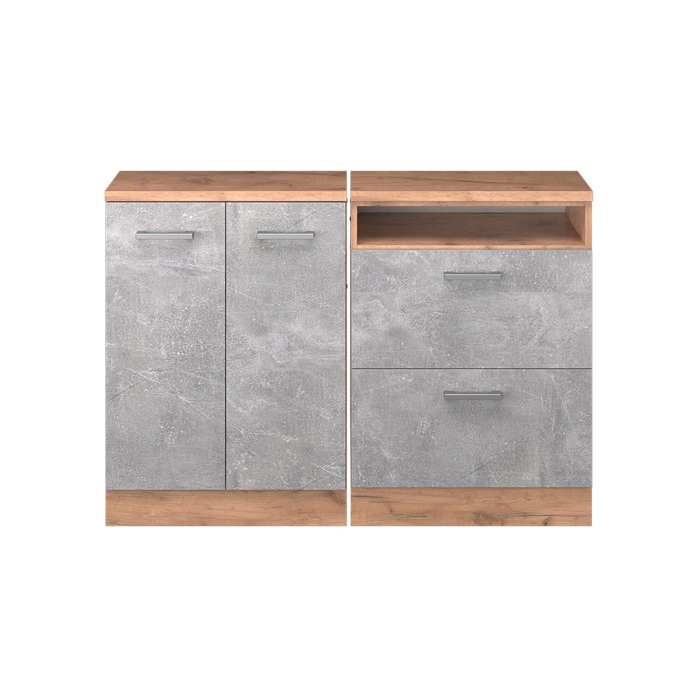 Mobile cucina sottotetto R-Line Calcestruzzo/Rovere dorato 120 cm Set di 2 carcasse armadio profondità 60 cm Vicco