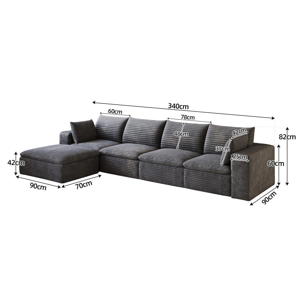 Divano 3 Posti in Velluto a Coste ¨C MINIMAL ¨C Grigio Scuro, 340cm, Imbottito, Cuscini