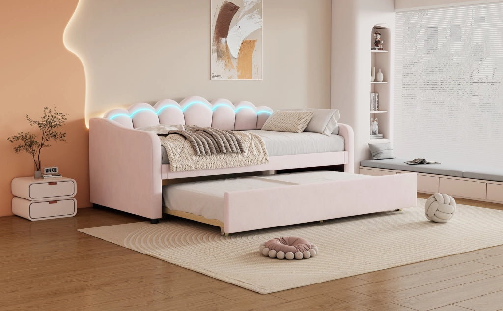 DESMIU Letto estraibile 90 × 200 cm 1 piazza con LED regolabile, senza materasso, in velluto, rosa