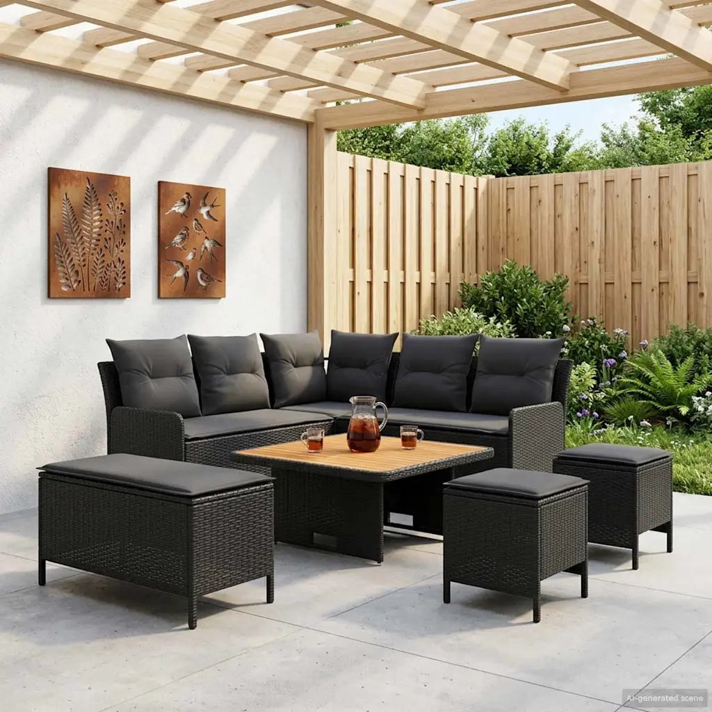 Set di Mobili con cuscino 7 pcs Nero Rattan in PE