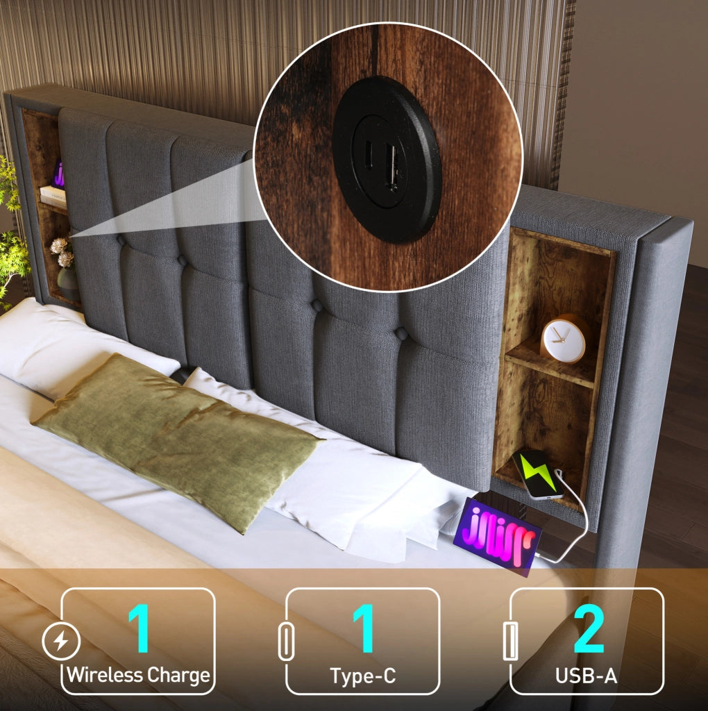 Letto matrimoniale ULEVR 180x200 cm con contenitore, ricarica wireless, 2 USB e Type-C, cotone grigio