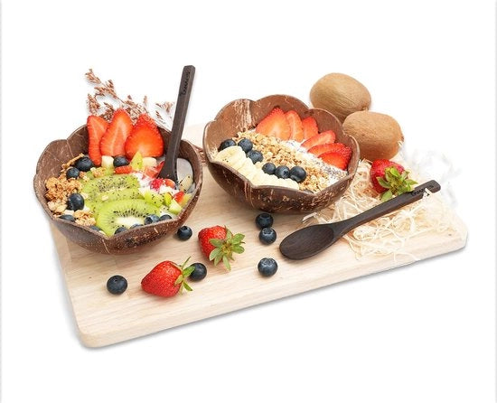 Set di conchiglie di cocco, con 2 cucchiai di cocco, prodotto naturale al 100%, vegano, finito a mano con olio di cocco, set di conchiglie di cocco a forma di fiori, set di conchiglie di cocco per smoothie bowl, conchiglia di cocco