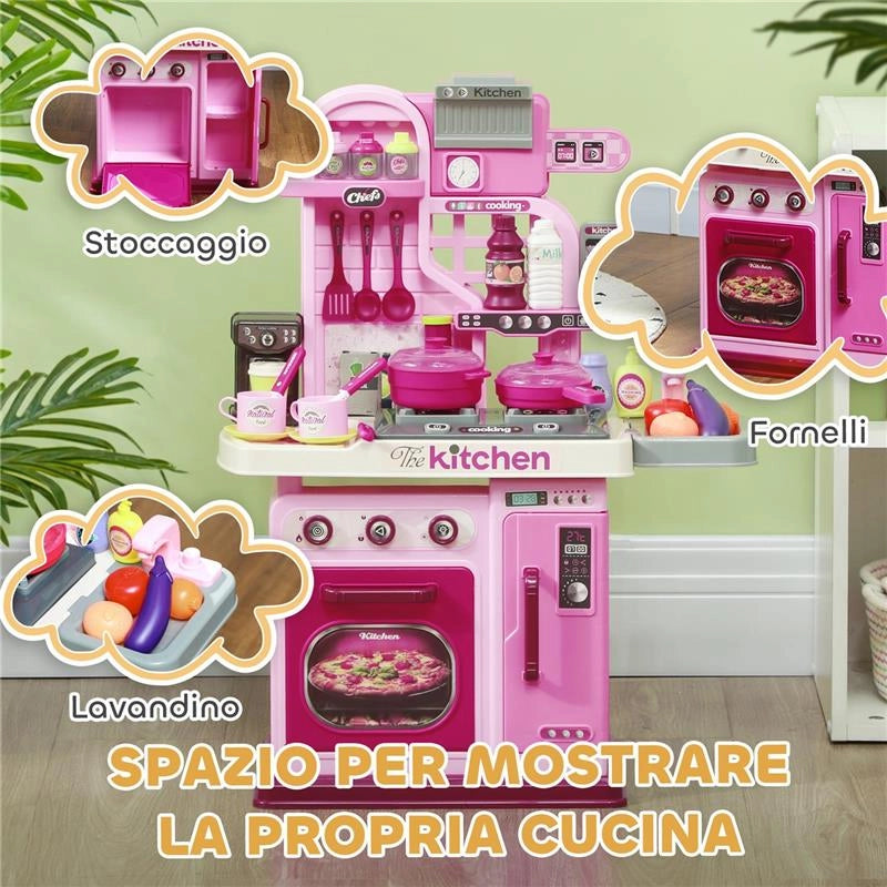 CUCINA GIOCATTOLO PER BAMBINI DA 33 PEZZI CON LUCI SUONI E RUBINETTO IN PP E ABS 53X22X69 CM ROSA