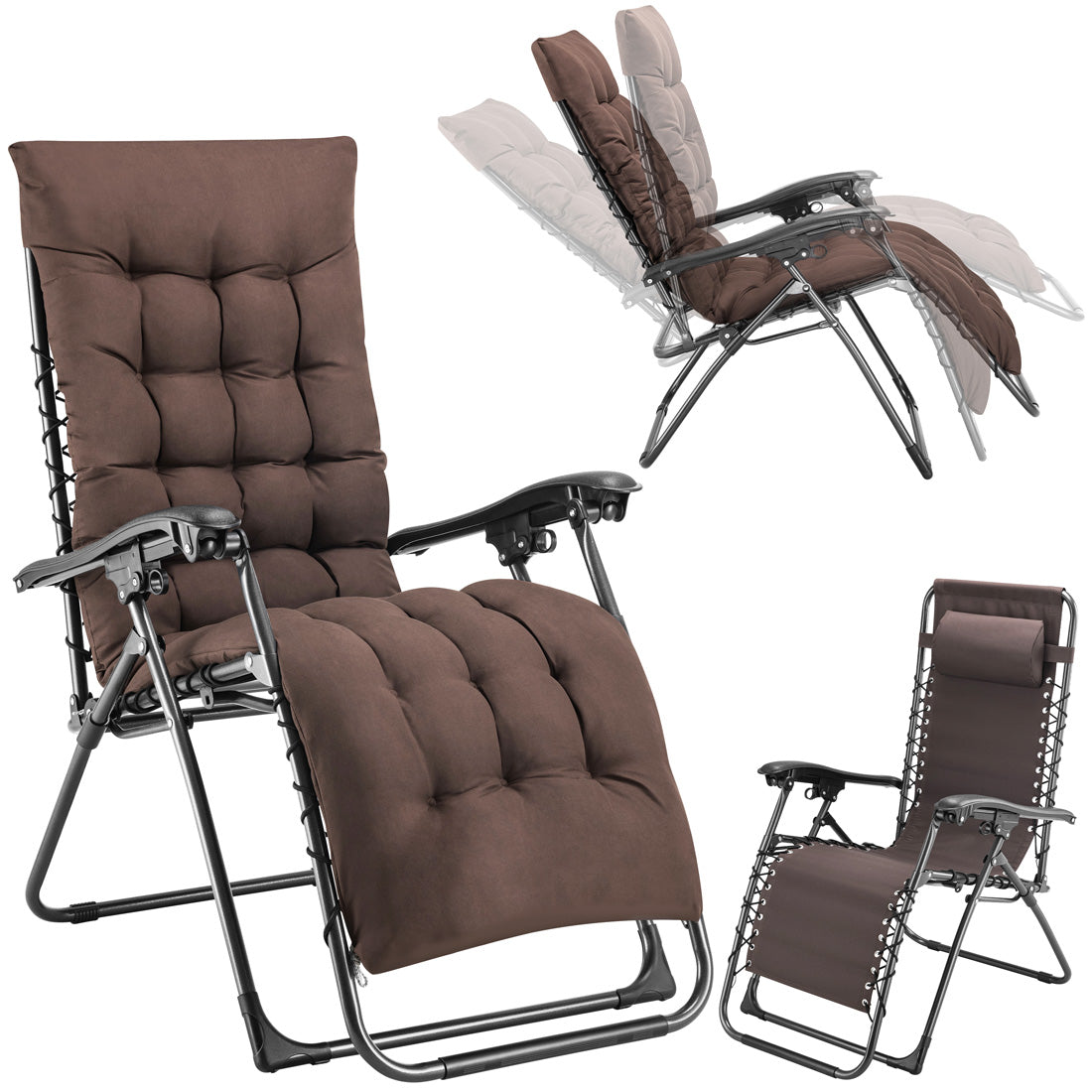 Poltrona da Giardino Pieghevole con Cuscino Imbottito e Struttura in Acciaio Marrone