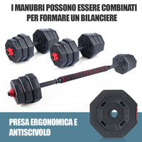 Set Manubri Convertibili in Bilanciere 19kg 12 Dischi Pesi Plastica Durevole