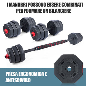 Set Manubri Convertibili in Bilanciere 19kg 12 Dischi Pesi Plastica Durevole