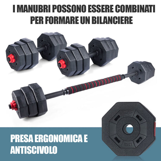 Set Manubri Convertibili in Bilanciere 19kg 12 Dischi Pesi Plastica Durevole