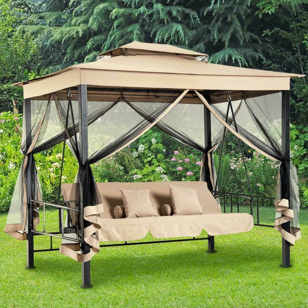 Dondolo Letto 3 posti con Gazebo Parasole e Zanzariera per Giardino 2.57mt Beige